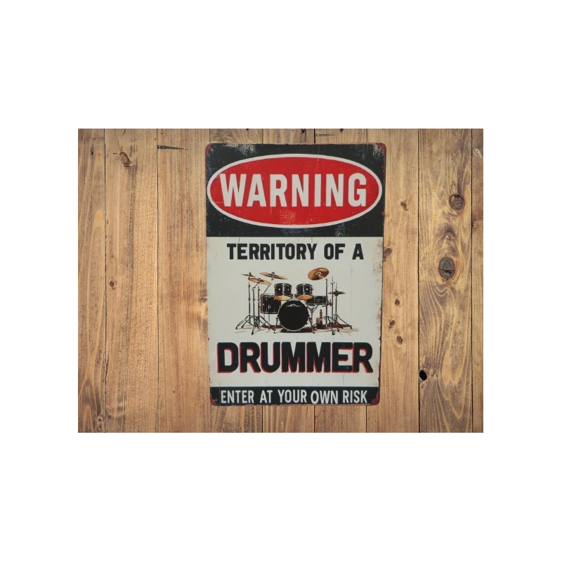 Wandbord Metalen Wandbord "WARNING Territory of a drummer" - Mancave - Wand Decoratie - Metalen bord