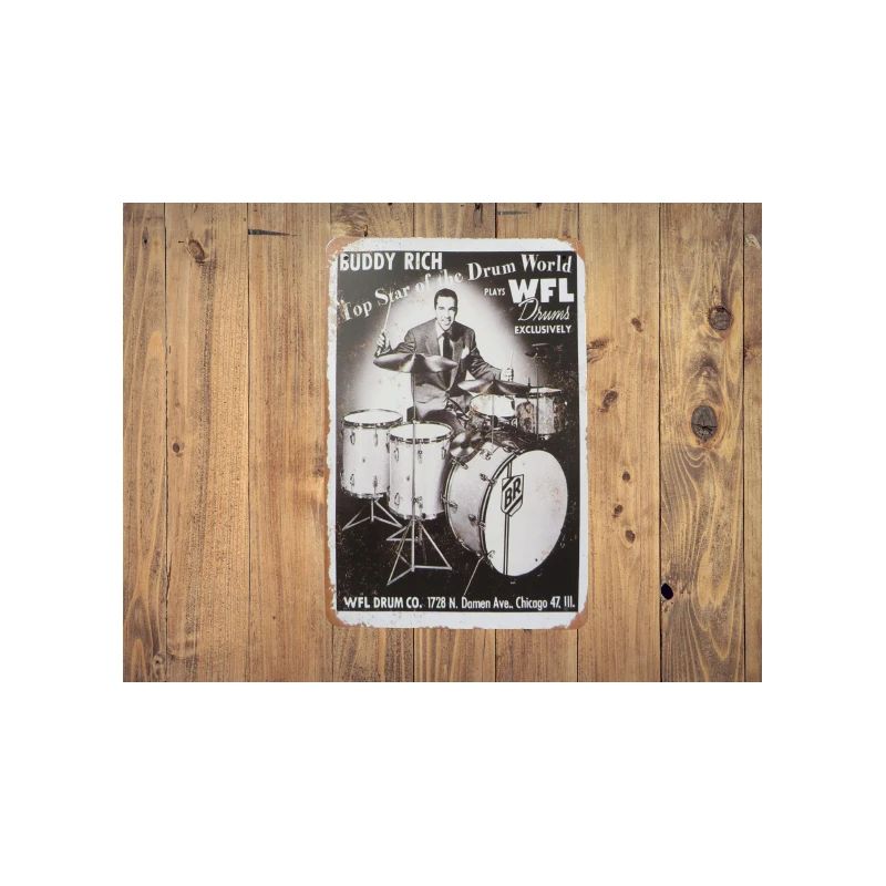 Enseigne murale BUDDY RICH "WFL drums 1958" - Vintage Rétro - Mancave - Décoration Murale - Enseigne en métal